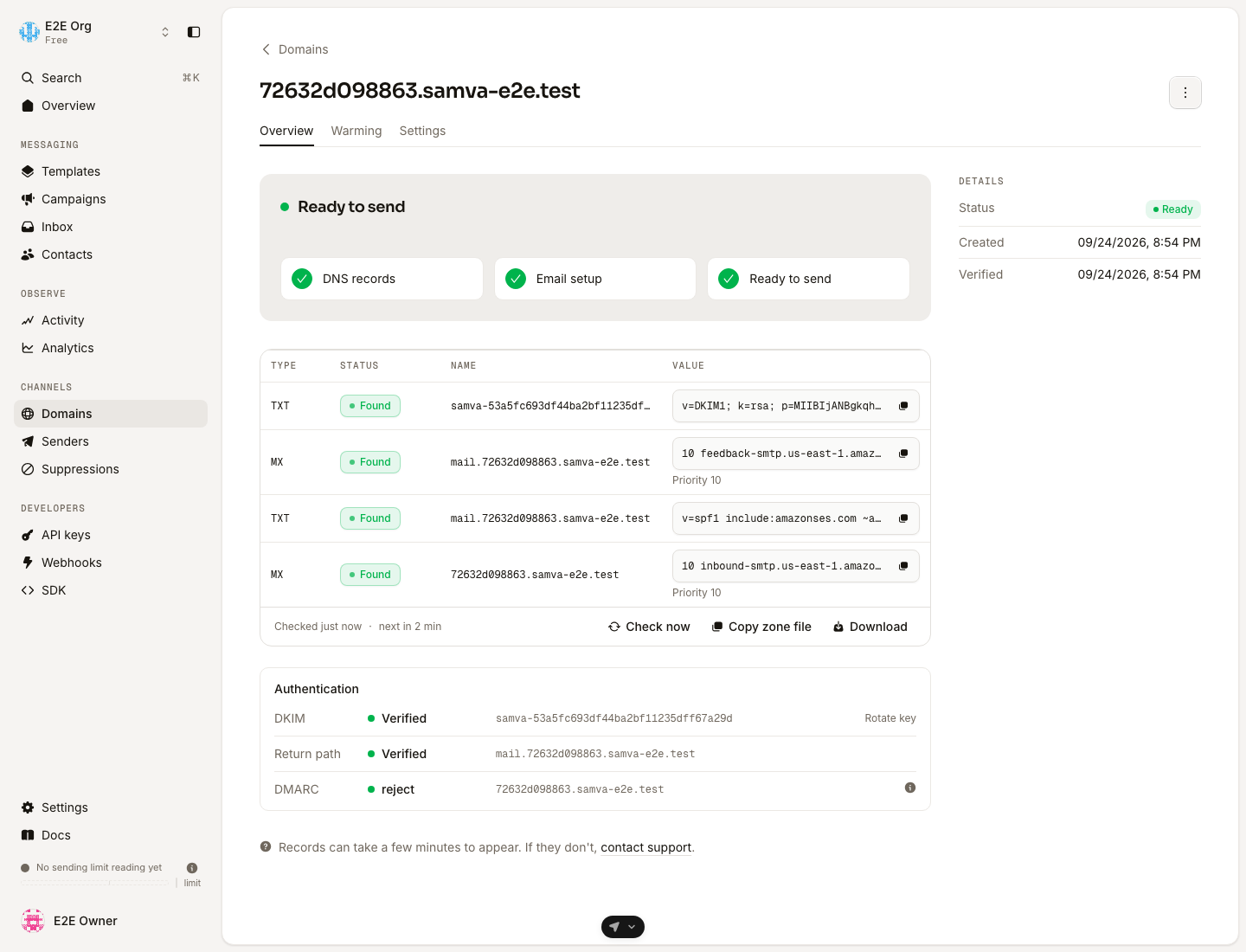 Samva's domain page for a verified sending domain. Each record shows Found, with a Check now button and the time of the last check.